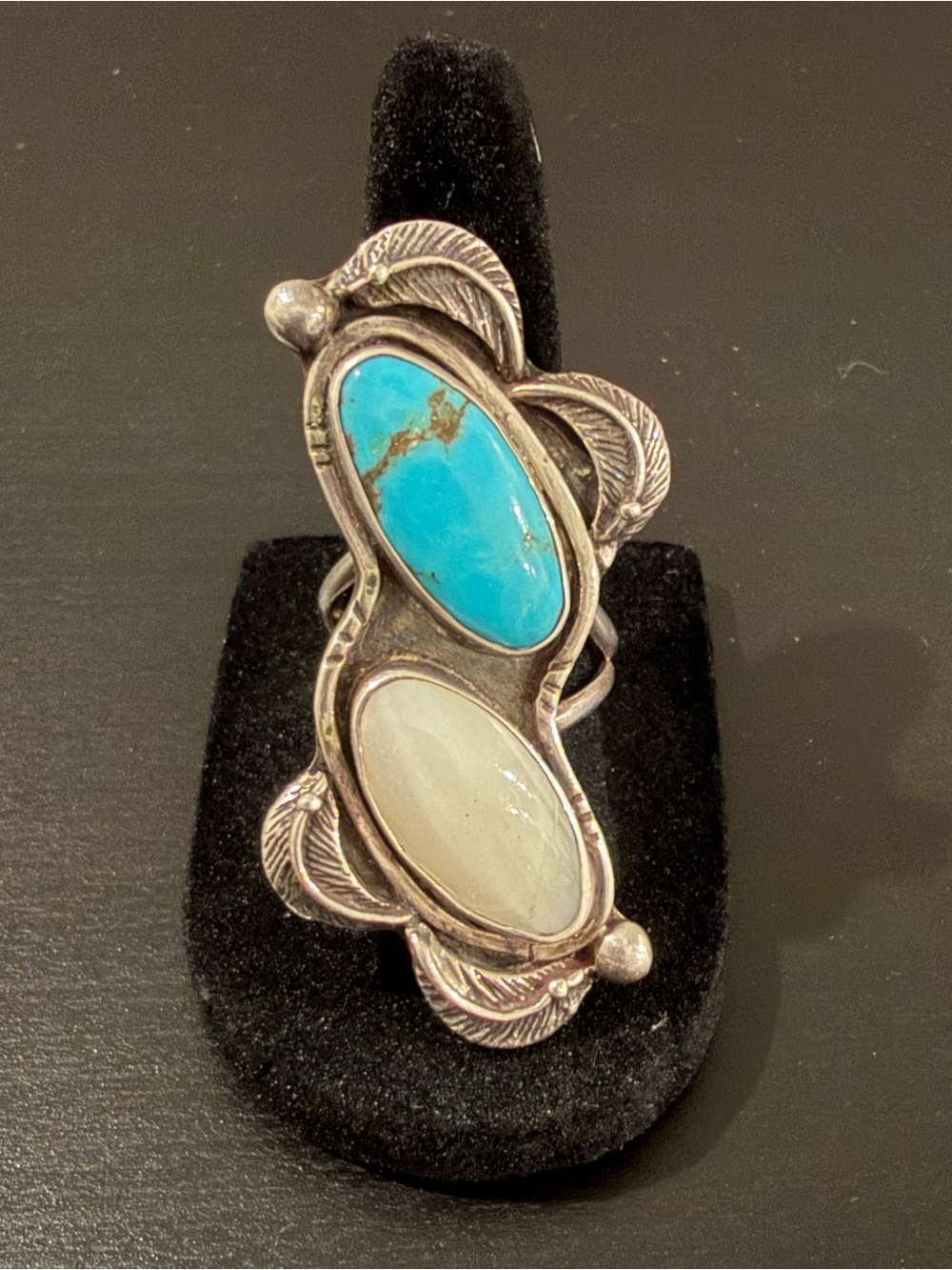 Silver Ring Handmade With Bisbee Turquoise and Mother of Pearl. Size 6.75